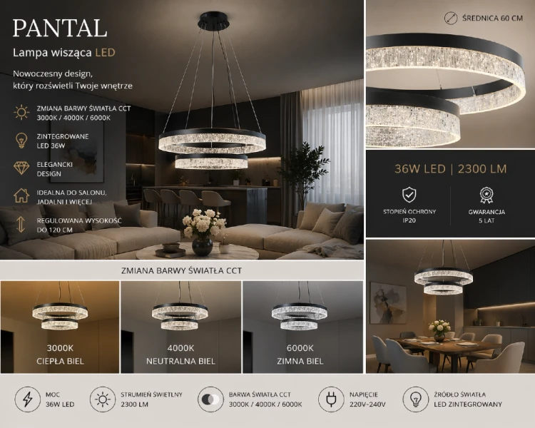 Lampa LED PANTAL Italux czarna nad stół lub do salonu. Podwójny ring i zmiana barwy światła tworzą efektowne oświetlenie wnętrza.