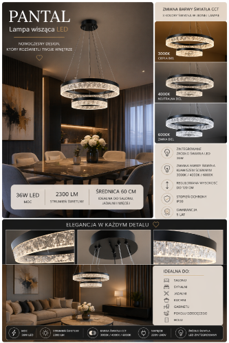 Nowoczesna lampa sufitowa PANTAL Italux czarna 2 ringi LED. Stylowe oświetlenie do wnętrz loft i minimalistycznych z funkcją CCT.