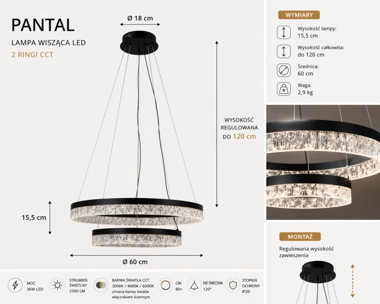 Lampa sufitowa PANTAL 36W LED Italux w aranżacji salonu. Czarny mat i ringi LED podkreślają nowoczesny styl i elegancję wnętrza.