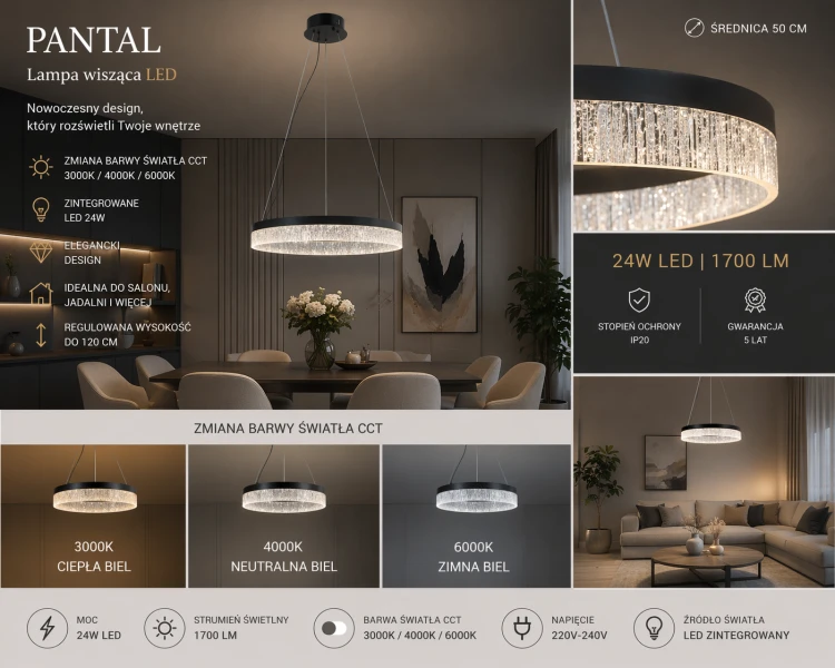 Lampa LED PANTAL Italux czarna nad stół lub do salonu. Energooszczędne oświetlenie z możliwością zmiany barwy światła 3000K 4000K 6000K.