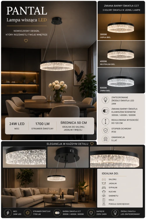 Lampa wisząca PANTAL 22W LED Italux czarna to nowoczesne oświetlenie w formie ringu. Idealna do salonu, jadalni i kuchni, oferuje zmianę barwy światła CCT i elegancki design.