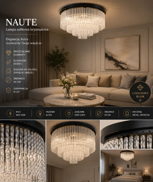 Lampa sufitowa NAUTE 9 punktów światła czarna Italux. Kryształowy plafon idealny do salonu i sypialni zapewniający efektowne rozproszenie światła