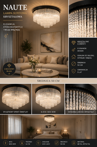 Nowoczesny plafon NAUTE Italux czarny z transparentnymi szklanymi kryształami. Stylowa lampa sufitowa o średnicy 50 cm do eleganckich wnętrz.