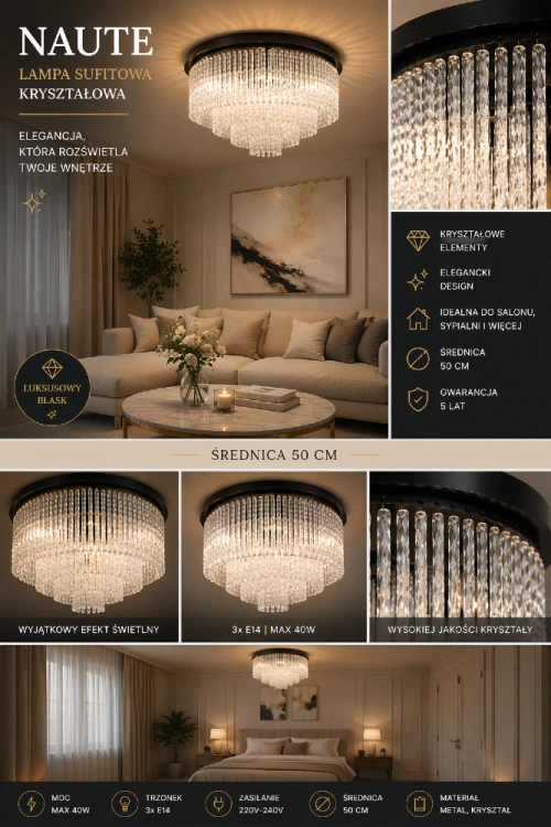 Nowoczesny plafon NAUTE Italux czarny z transparentnymi szklanymi kryształami. Stylowa lampa sufitowa o średnicy 50 cm do eleganckich wnętrz.