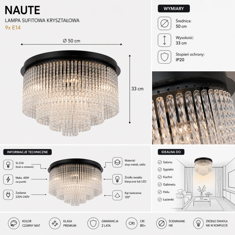 Plafon NAUTE Italux czarny 50 cm z 9 źródłami światła E14. Elegancka lampa sufitowa do salonu, kuchni i holu.