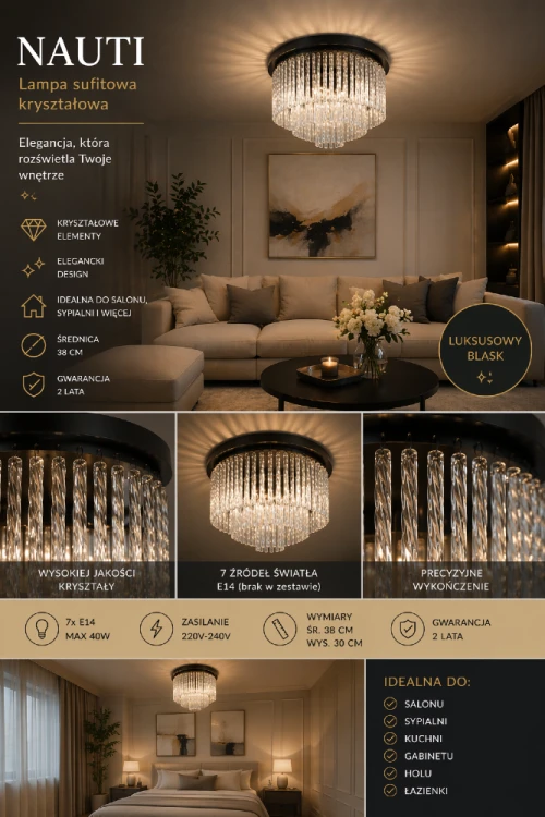 Nowoczesny plafon NAUTE Italux czarny 38 cm z transparentnymi kryształami. Stylowa lampa sufitowa do wnętrz glamour, loft i modern.