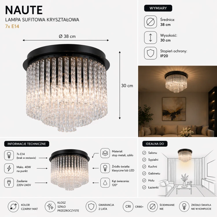 Czarna lampa plafon NAUTE Italux z dekoracyjnym szkłem. Nowoczesne i eleganckie oświetlenie do różnych pomieszczeń.