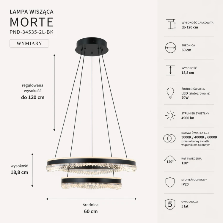 Lampa sufitowa MORTE 70W LED w czarnym kolorze to elegancki wybór do nowoczesnych wnętrz. Dwa ringi, zmiana barwy światła i wysoka wydajność 4900 lm gwarantują komfort i styl.