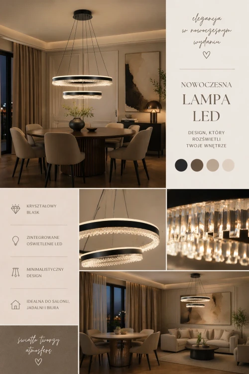 Designerska lampa wisząca MORTE Italux z dwoma ringami LED zapewnia mocne światło 4900 lm. Regulowana wysokość i zmienna barwa światła CCT sprawiają, że dopasujesz ją do każdego wnętrza.