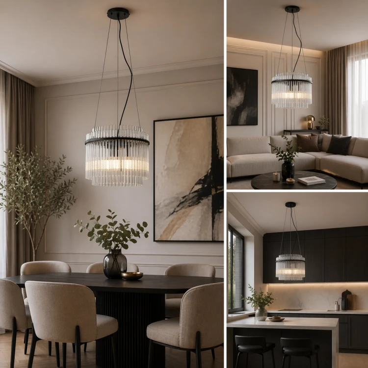 Czarna lampa wisząca BONTE Italux z trzema punktami światła E14 to idealne rozwiązanie do nowoczesnych wnętrz. Szklane klosze dodają lekkości, a regulowana wysokość umożliwia dopasowanie do pomieszczenia.