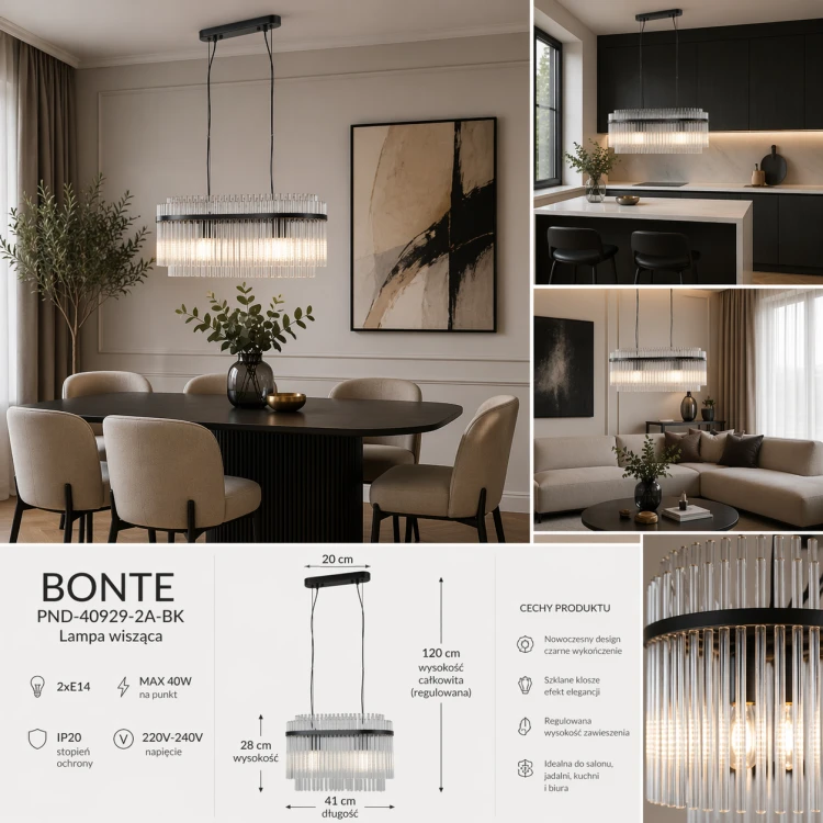 Elegancka lampa wisząca BONTE w kolorze czarnym to idealny wybór do nowoczesnych wnętrz. Dwa punkty światła E27 zapewniają komfortowe oświetlenie, a szklane klosze dodają lekkości.