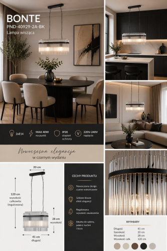 Nowoczesna lampa BONTE Italux z dwoma źródłami światła E27 to eleganckie rozwiązanie do wnętrz. Czarna konstrukcja i szklane klosze tworzą lekki, designerski efekt. Doskonała do salonu, jadalni lub kuchni.