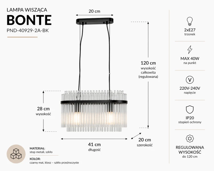 BONTE Italux 2xE27 to nowoczesna lampa wisząca z transparentnymi kloszami. Czarna konstrukcja i minimalistyczna forma doskonale pasują do wnętrz loft i modern.