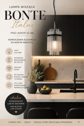 Nowoczesna lampa BONTE Italux 1xE27 to stylowe oświetlenie do wnętrz. Czarna konstrukcja i szklany klosz tworzą elegancki efekt. Doskonała do kuchni, jadalni, salonu lub jako pojedyncza lampa nad stolik.