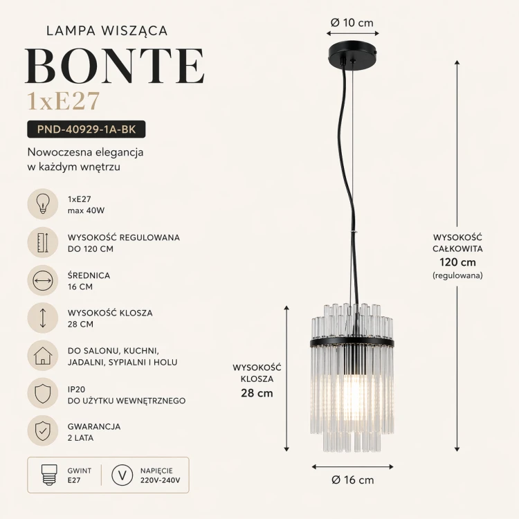 BONTE Italux 1xE27 to nowoczesna lampa wisząca z transparentnym kloszem. Czarna forma i subtelny design sprawiają, że idealnie pasuje nad blat, do salonu lub sypialni.