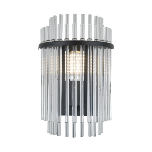 Kinkiet BONTE 1xE14 Italux w czarnym macie to eleganckie oświetlenie ścienne ze szklanymi pręcikami. Tworzy wyjątkowy efekt światła i doskonale sprawdzi się w salonie, sypialni lub korytarzu w stylu nowoczesnym i glamour