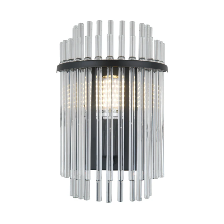 Kinkiet BONTE 1xE14 Italux w czarnym macie to eleganckie oświetlenie ścienne ze szklanymi pręcikami. Tworzy wyjątkowy efekt światła i doskonale sprawdzi się w salonie, sypialni lub korytarzu w stylu nowoczesnym i glamour