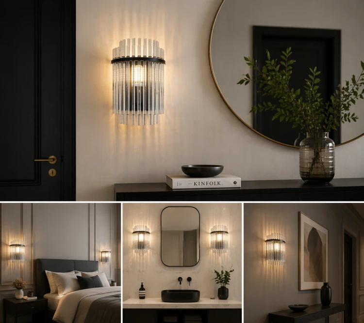 BONTE Italux 1xE14 to nowoczesny kinkiet w stylu glamour. Czarna konstrukcja i szklane elementy tworzą efektowne oświetlenie ścienne idealne do salonu lub sypialni.