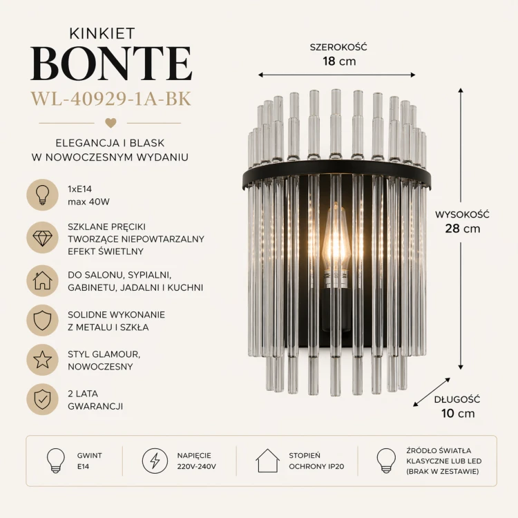 Stylowy kinkiet BONTE Italux z transparentnymi pręcikami to idealne oświetlenie do wnętrz nowoczesnych i loftowych. Zapewnia nastrojowe światło i elegancki wygląd.