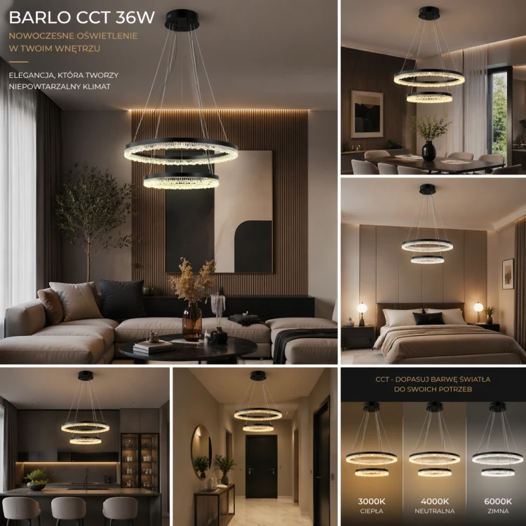 Lampa sufitowa BARLO 36W LED czarna to stylowy model z efektem dwóch ringów. Regulowana wysokość i funkcja CCT sprawiają, że świetnie sprawdzi się nad stołem lub w salonie.
