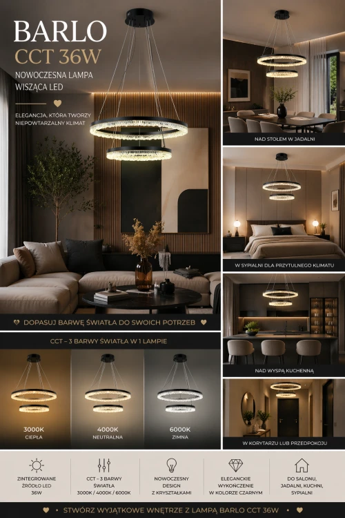 Nowoczesna lampa BARLO Italux z dwoma pierścieniami LED to eleganckie oświetlenie do wnętrz. Moc 36W i 3100 lm zapewniają jasne światło, a zmiana barwy światła pozwala dopasować je do potrzeb.