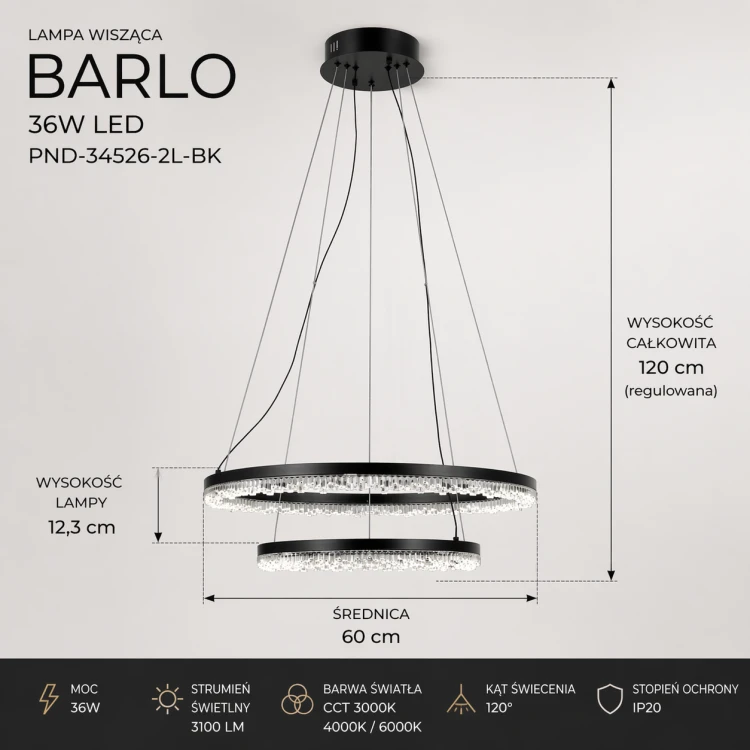 Lampa wisząca BARLO LED 36W z dwoma ringami to funkcjonalne i stylowe oświetlenie. 3 barwy światła oraz elegancki wygląd sprawiają, że pasuje do każdego nowoczesnego wnętrza.