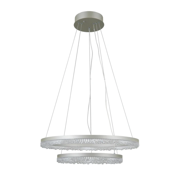 Nowoczesna lampa wisząca BARLO 36W LED w kolorze srebrnym to eleganckie 2 ringi z efektem kryształków. Oferuje 3700 lm oraz funkcję zmiany barwy światła (3000K/4000K/6000K). Idealna do salonu, jadalni i sypialni.