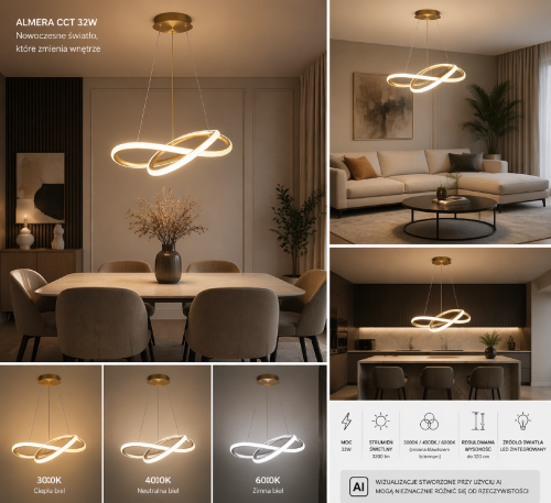 Lampa ALMERA LED 32W Italux to stylowe oświetlenie z funkcją CCT. Złote wykończenie, designerskie ringi i wysoka moc 3580 lm sprawiają, że doskonale pasuje do nowoczesnych wnętrz.