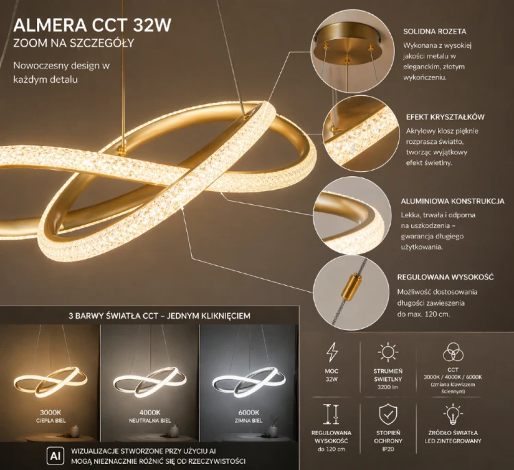 Elegancka lampa wisząca ALMERA 60 cm LED 32W z efektem kryształków. Zmienna barwa światła i regulowana wysokość czynią ją idealnym wyborem do salonu i jadalni.