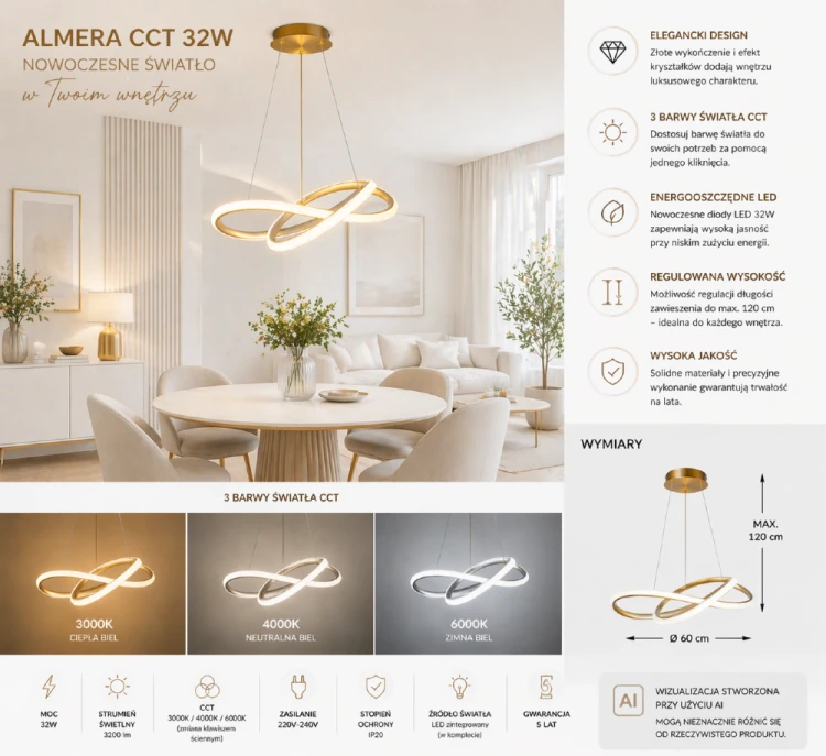 ALMERA 32W LED to designerska lampa wisząca w złotym kolorze. 3 barwy światła, energooszczędne LED i nowoczesna forma sprawiają, że pasuje do każdego wnętrza.