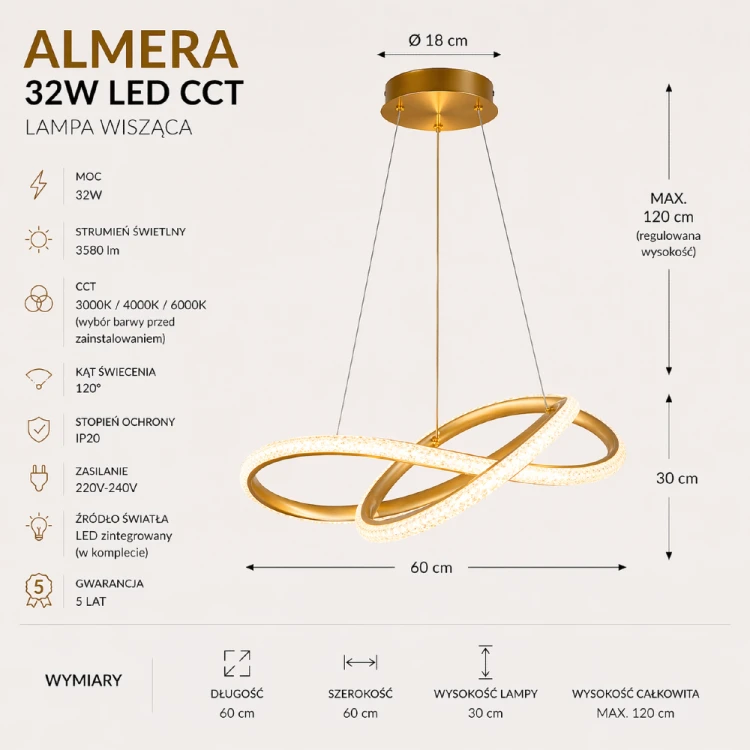 Lampa wisząca ALMERA Italux 32W LED CCT to nowoczesne oświetlenie z regulowaną wysokością i dekoracyjnym efektem świetlnym. Idealna do salonu, kuchni i sypialni.