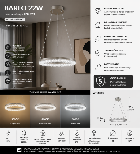 Lampa BARLO LED 22W Italux to stylowe oświetlenie z funkcją CCT. Srebrne wykończenie, efekt kryształków i regulowana wysokość sprawiają, że świetnie pasuje do nowoczesnych wnętrz.