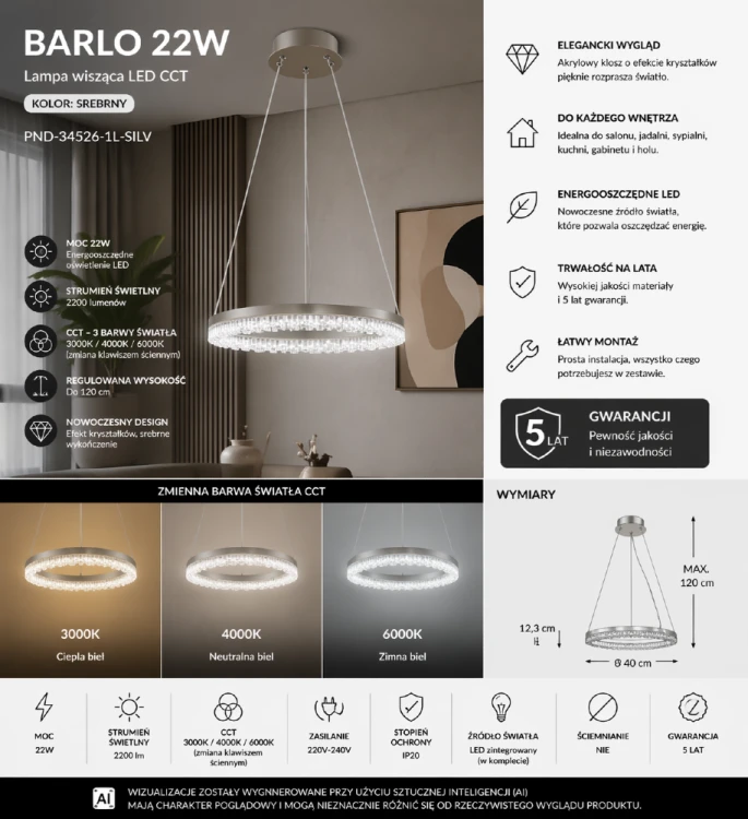 Lampa BARLO LED 22W Italux to stylowe oświetlenie z funkcją CCT. Srebrne wykończenie, efekt kryształków i regulowana wysokość sprawiają, że świetnie pasuje do nowoczesnych wnętrz.