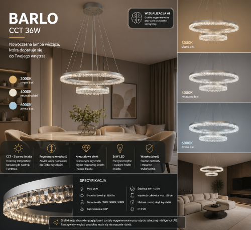 Lampa BARLO LED 36W Italux to stylowe oświetlenie z dwoma ringami i funkcją CCT. Srebrne wykończenie, 3700 lm oraz regulowana wysokość sprawiają, że świetnie sprawdzi się w nowoczesnych wnętrzach.