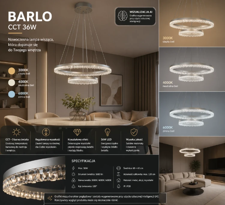 Lampa BARLO LED 36W Italux to stylowe oświetlenie z dwoma ringami i funkcją CCT. Srebrne wykończenie, 3700 lm oraz regulowana wysokość sprawiają, że świetnie sprawdzi się w nowoczesnych wnętrzach.