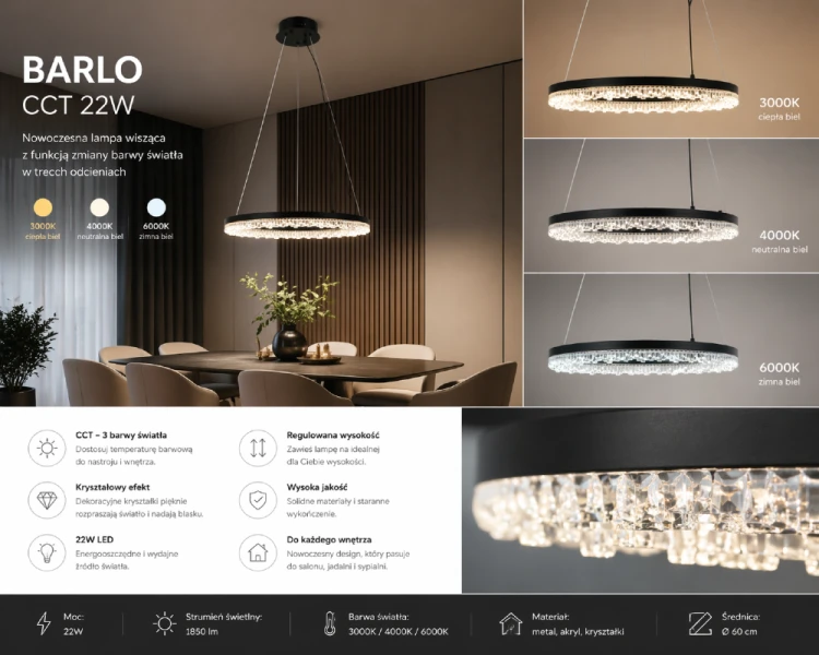 Lampa BARLO LED 22W Italux to stylowe oświetlenie w formie czarnego ringu. Zmienna barwa światła CCT (3000K-6000K), 2100 lm i nowoczesny design sprawiają, że doskonale pasuje nad stół lub do salonu.