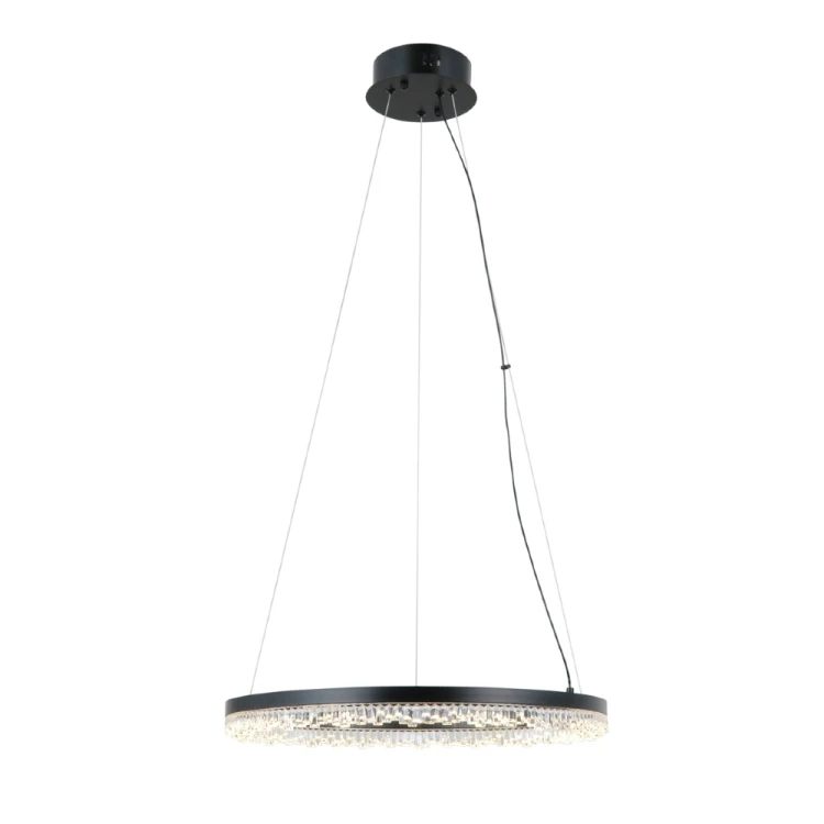Elegancka lampa wisząca BARLO 50 cm LED 22W z funkcją zmiany barwy światła. Kryształowy efekt, czarna oprawa i regulowana wysokość do 120 cm czynią ją idealnym wyborem do nowoczesnych wnętrz.