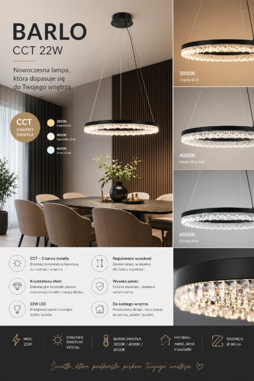 Minimalistyczna lampa sufitowa BARLO LED 22W czarna to stylowy ring o średnicy 50 cm. Trzy barwy światła, energooszczędność i nowoczesny wygląd sprawiają, że pasuje do każdego wnętrza.