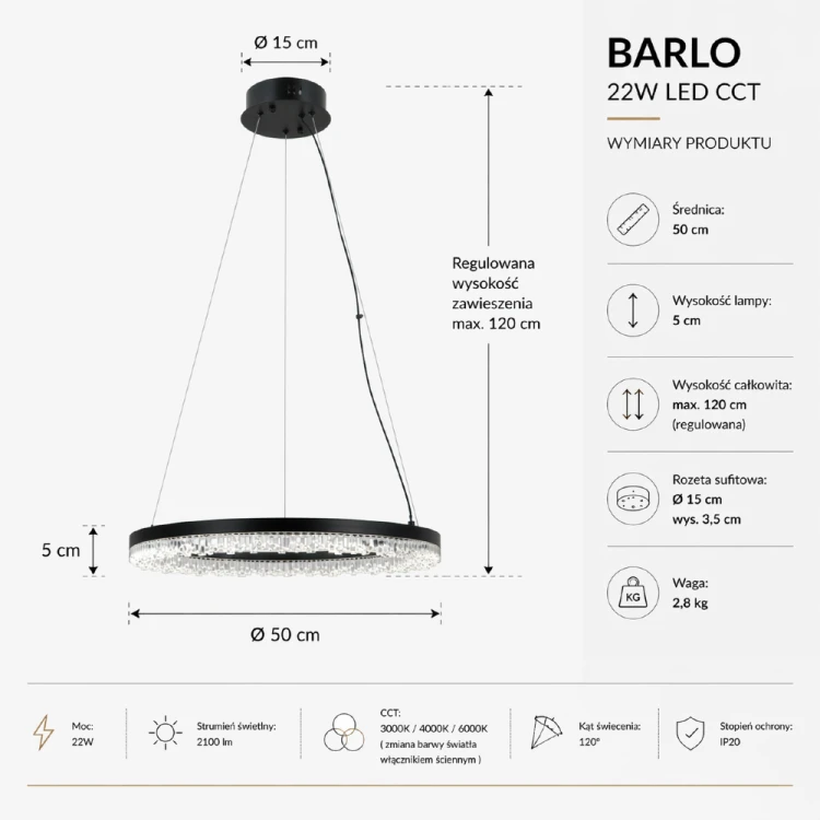 Lampa wisząca BARLO Italux 22W LED CCT to nowoczesne oświetlenie z regulowaną wysokością i trzema barwami światła. Idealna do salonu, jadalni i sypialni, łączy design i funkcjonalność.
