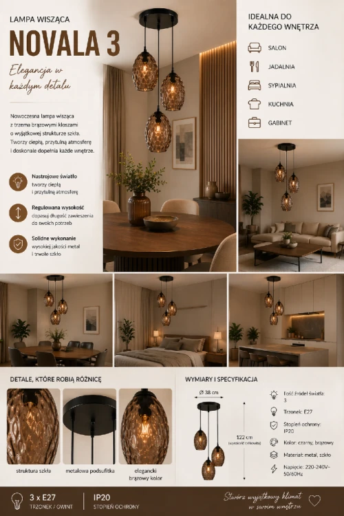 Lampa NOVALA 3xE27 Italux to eleganckie oświetlenie z brązowymi kloszami o strukturze szkła. Regulowana wysokość i nowoczesny design sprawiają, że idealnie pasuje do różnych wnętrz.