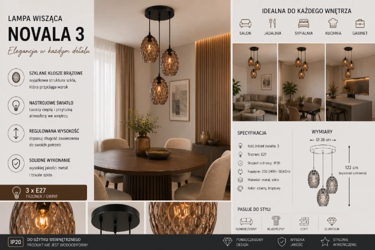Stylowa lampa wisząca NOVALA 3 z trzema kloszami w odcieniu brązu. Kaskadowa forma i światło E27 tworzą przytulną atmosferę. Idealna do salonu, kuchni i jadalni.