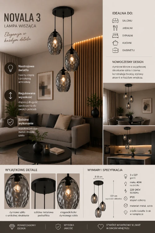 Stylowa lampa wisząca NOVALA 3 z trzema kloszami z dymionego szkła. Kaskadowa forma i światło E27 tworzą nastrojową atmosferę. Idealna do salonu, kuchni i jadalni.