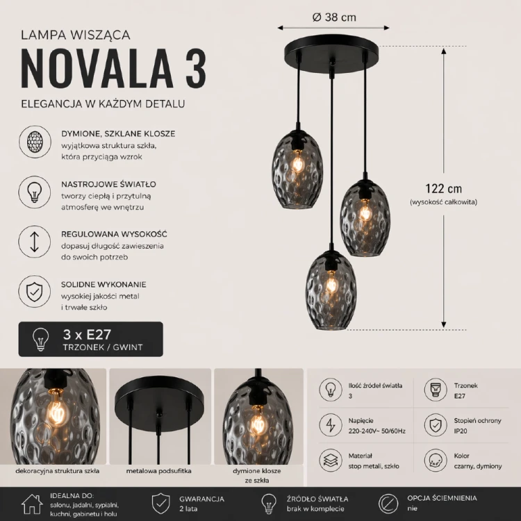 Lampa sufitowa NOVALA 3 to nowoczesne oświetlenie z czarną konstrukcją i szklanymi kloszami w kolorze dymionym. Doskonała do wnętrz nowoczesnych i industrialnych.