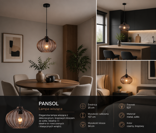 Lampa PANSOL E27 to stylowe oświetlenie z brązowym kloszem ze szkła. Minimalistyczna forma i regulowana wysokość sprawiają, że idealnie pasuje do nowoczesnych wnętrz.