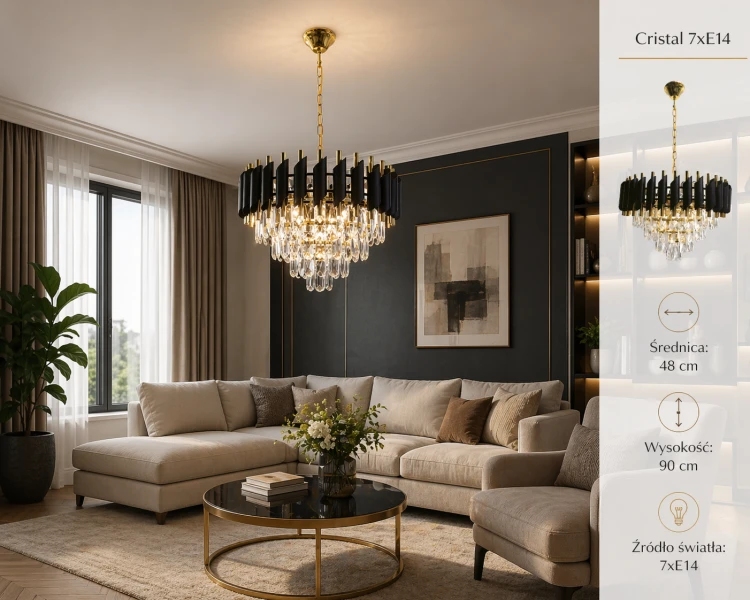 Żyrandol Cristal 7xE14 to wyjątkowa dekoracja świetlna do eleganckich wnętrz. Kryształowe elementy pięknie rozpraszają światło, tworząc przytulny klimat. Lampa o średnicy 48 cm doskonale pasuje do salonu i jadalni.