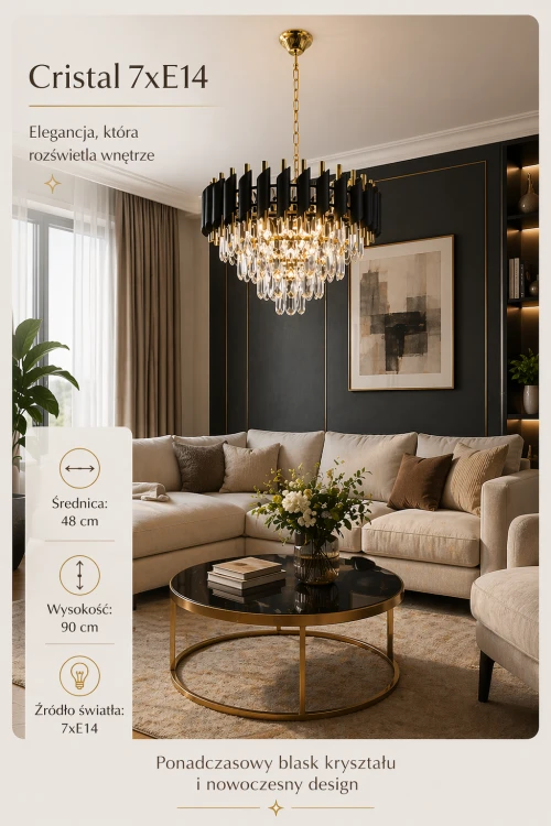 Nowoczesna lampa wisząca Cristal 7xE14 zachwyca kryształową formą i złotymi detalami. Średnica 48 cm i wysokość 90 cm sprawiają, że świetnie sprawdzi się nad stołem lub w salonie. Idealna do wnętrz glamour i modern.