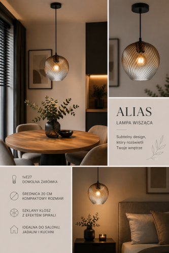 Nowoczesna lampa ALIAS 1xE27 z bursztynowym szkłem to połączenie elegancji i funkcjonalności. Idealna nad stół lub wyspę kuchenną. Kompaktowy rozmiar i regulowana wysokość zapewniają wygodę montażu.