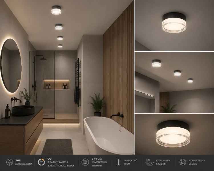 Nowoczesny plafon ENIOS LED 9W 1000 lm z funkcją CCT to praktyczne rozwiązanie do łazienki, kuchni i holu. IP65 gwarantuje odporność na wilgoć, a czarny design pasuje do nowoczesnych aranżacji.