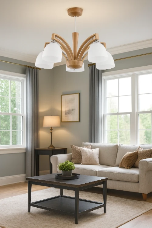 Lampa sufitowa MAGNAT 5xE27 Alfa 21385 to elegancka oprawa w kolorze jasnego brązu z białymi kloszami. Wykonana z drewna, stali i szkła, doskonale pasuje do salonu, jadalni i sypialni. Ponadczasowy styl i 5 źródeł światła E27