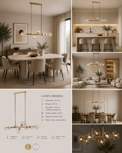 Nowoczesna lampa wisząca ERIMIDA Italux z 8 kloszami w kolorze bursztynowym to idealne oświetlenie nad wyspę kuchenną lub stół. Mosiężne wykończenie i elegancka forma podkreślają charakter wnętrza.